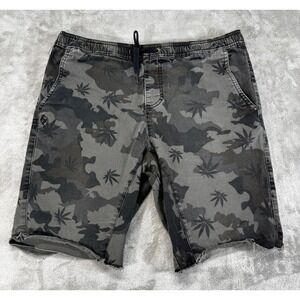 Crash Camo Weed Leaf Cannabis Shorts Mens L Grey Black Raw Hem drawstring street
